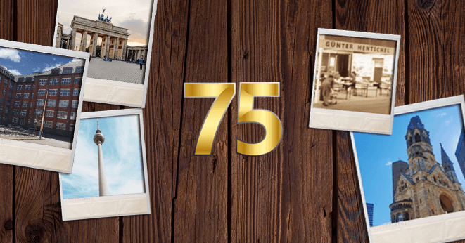 Vor einem Hintergrund aus dunklen Brettern liegen fünf Polariods von Berliner Sehenswürdigkeiten und dem Gebäude in dem der Hentschel Vertrieb ansässig ist. In der Mitte ist eine goldene 75.