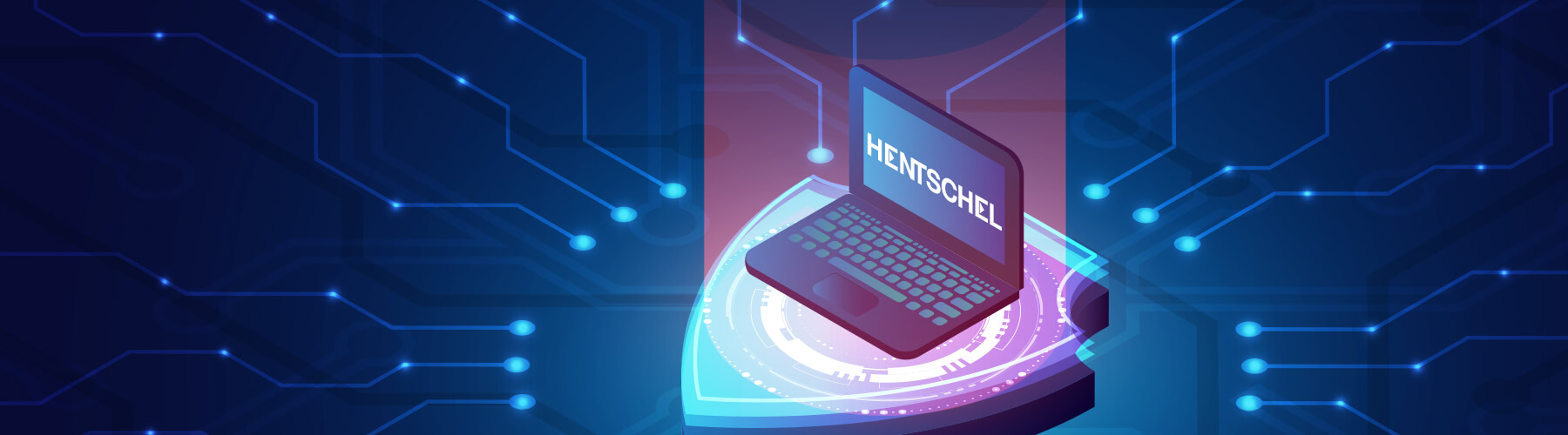 Eine Grafik von einem Laptop mit Hentschel Logo auf dem Bildschirm, der auf einem Schutzschild steht.