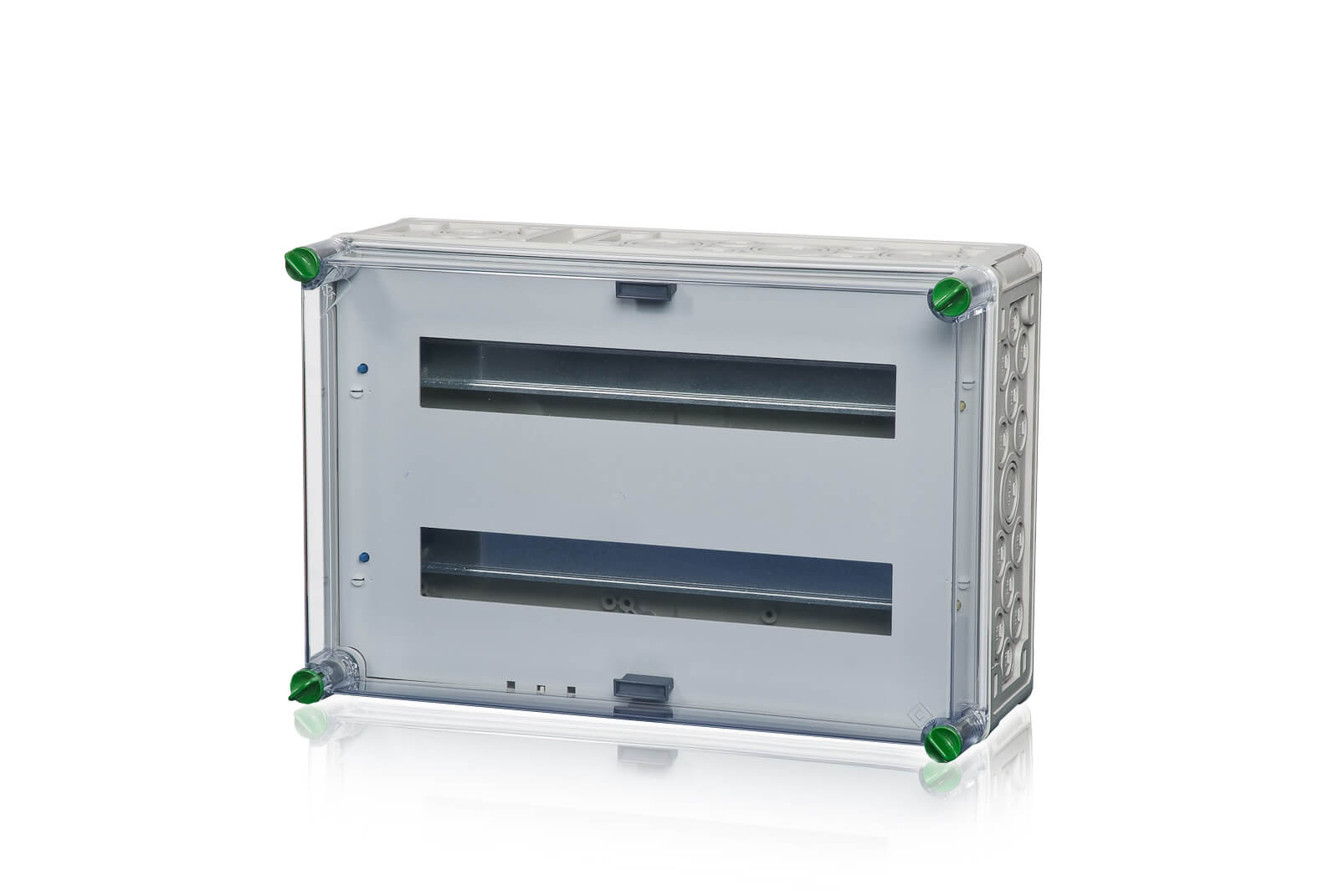 Ein breites Verteilergehäuse aus Polycarbonat, dahinter ist ein transparenter Hintergrund abgebildet.