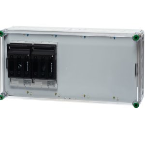 Zwei Sicherungslasttrennschalter aus Polycarbonat, mit den Maßen 60 x 30 cm, dahinter befindet sich ein transparenter Hintergrund.