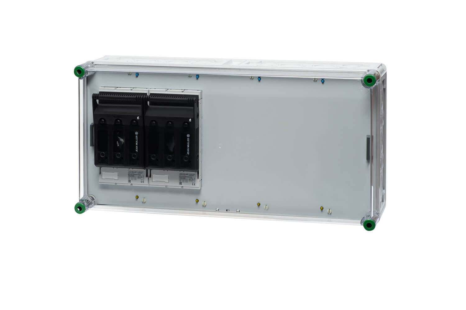 Zwei Sicherungslasttrennschalter aus Polycarbonat, mit den Maßen 60 x 30 cm, dahinter befindet sich ein transparenter Hintergrund.