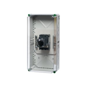 Ein Polycarbonat-Verteiler-Leistungsschalter hinter einem transparenten Hintergrund.