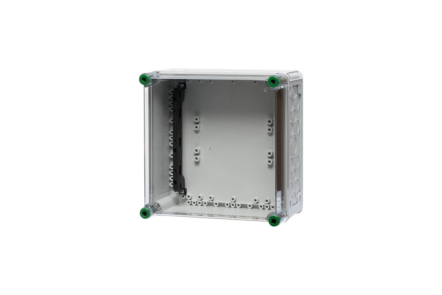 EIn Polycarbonat-Sammelschienenhalter, Maße 30 x 30 cm, hinter einem transparenten Hintergrund.