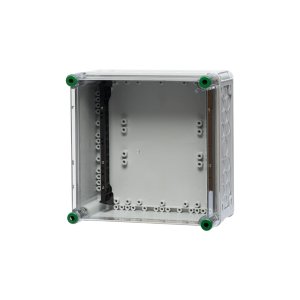 Verteilergehäuse inklusive Sammelschienenhalter, aus Polycarbonat und hinter einem transparenten Hintergrund.