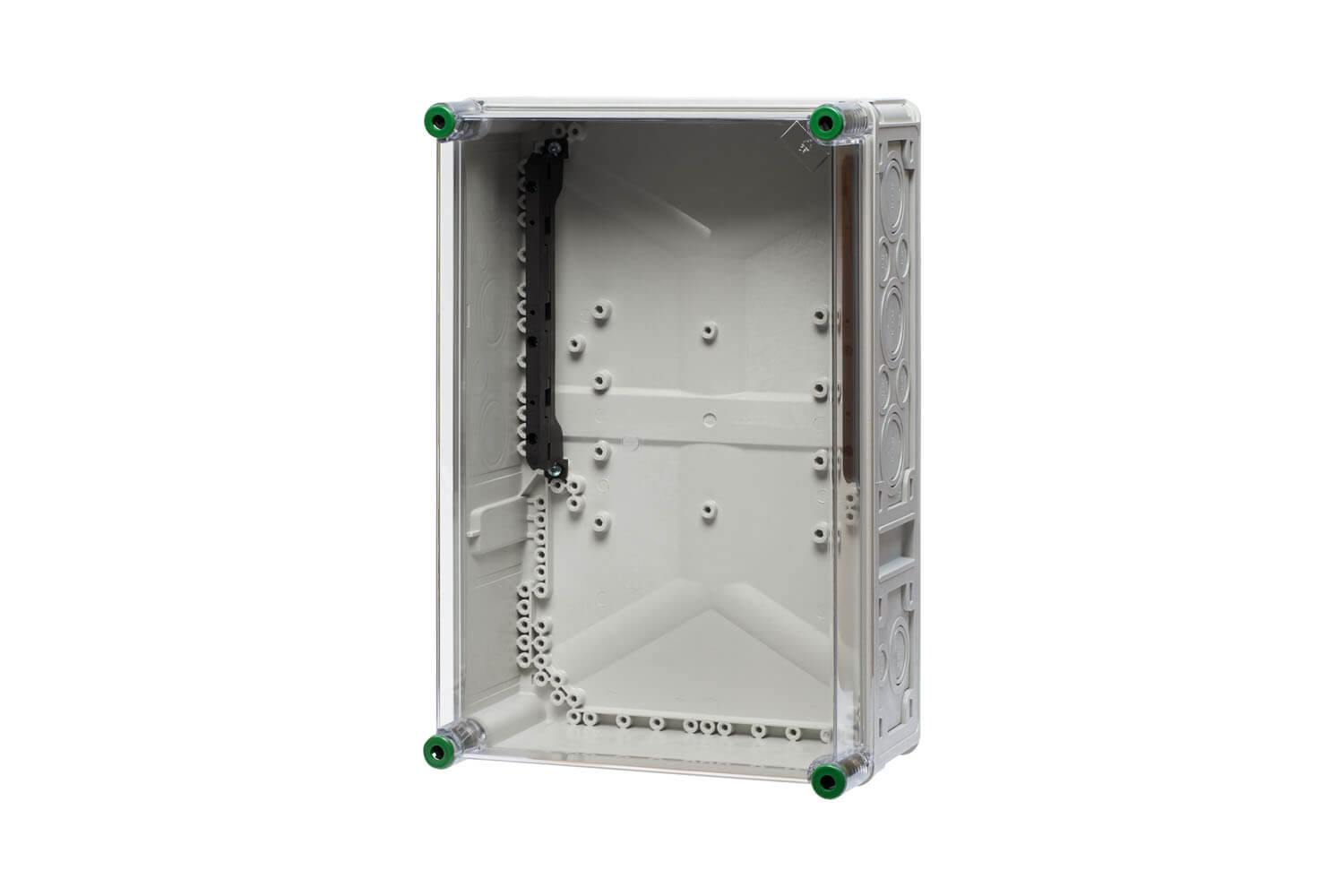 Verteilergehäuse mit Sammelschienenhalter aus Polycarbonat und hinter einem transparenten Hintergrund.