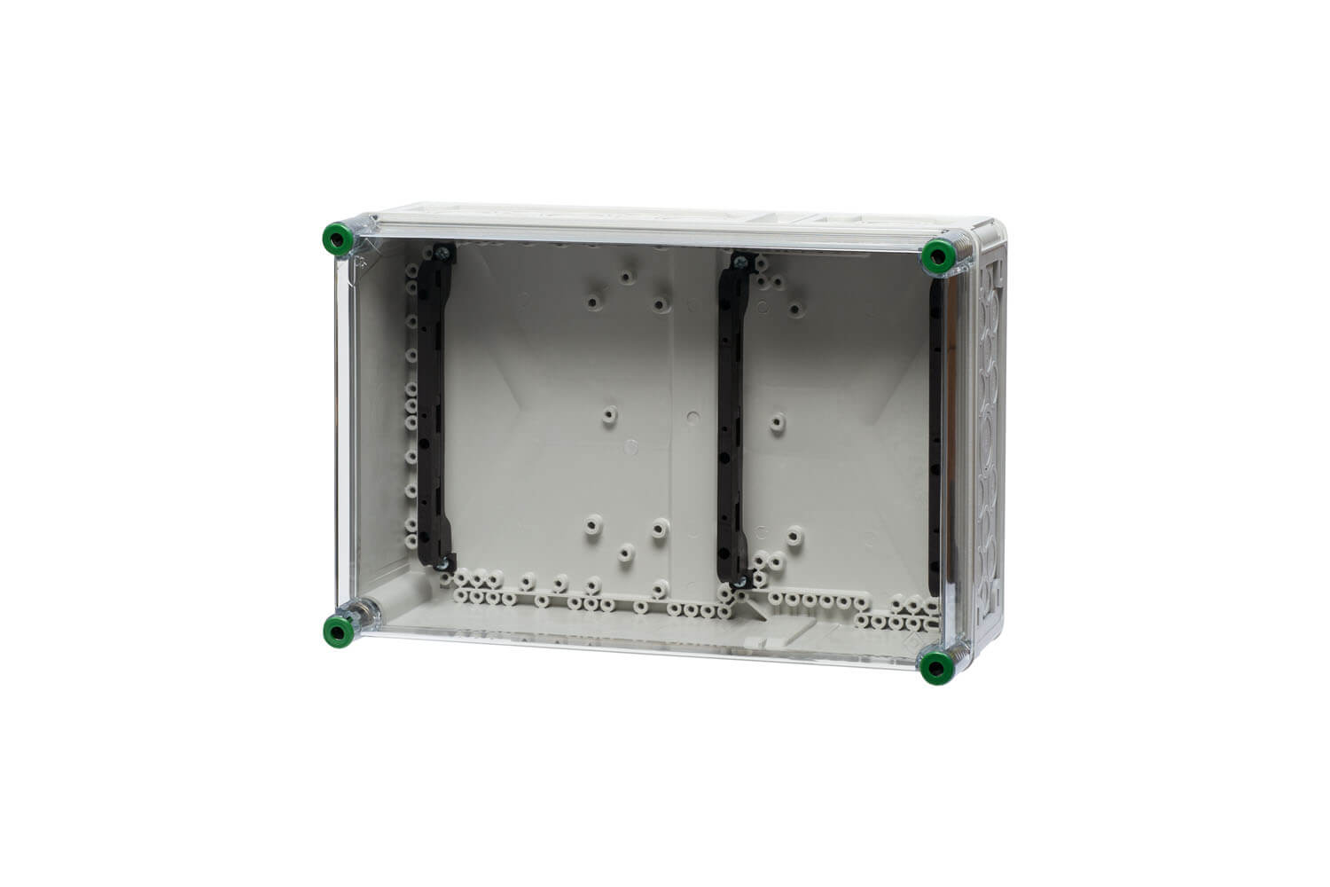 Ein 45 x 30 cm langer Polycarbonat-Sammelschienenhalter hinter einem transparenten Hintergund.