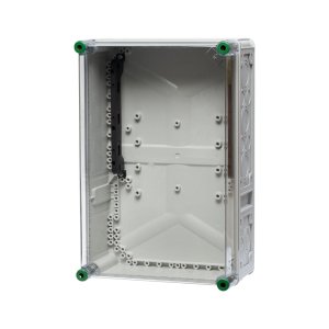 Ein Polycarbonat-Sammelschienenhalter, hinter einem transparenten Hintergrund und mit den Maßen 45 x 30 cm.