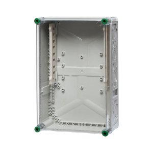 Verteilergehäuse mit Sammelschienenhalter aus Polycarbonat und hinter einem transparenten Hintergrund.