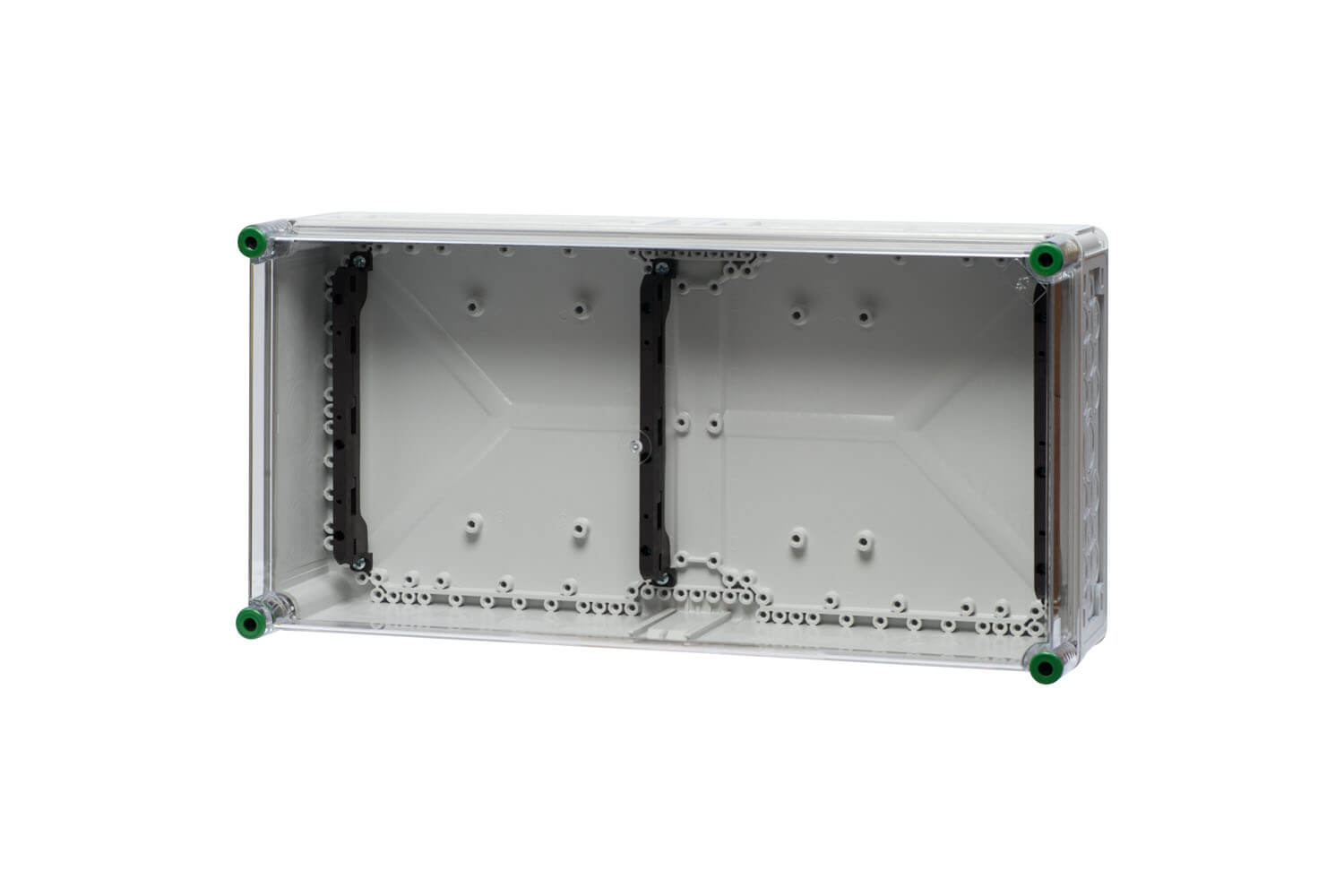 Ein 60 x 30 cm langer Polycarbonat-Sammelschienenhalter, mit einem transparenten Hintergrund.