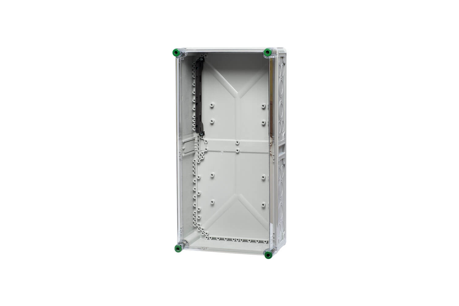 Ein Sammelschienenhalter aus Polycarbonat, mit den Maßen 30 x 60 cm, hinter einem transparenten Hintergrund.