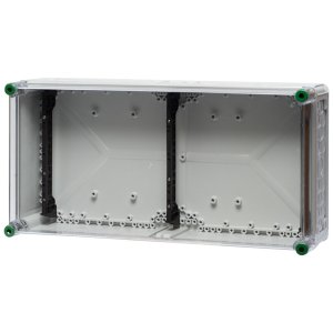 Ein Verteilergehäuse mit Sammelschienenhalter aus Polycarbonat und mit den Maßen 60 x 30 cm, hinter einem transparenten Hintergrund.