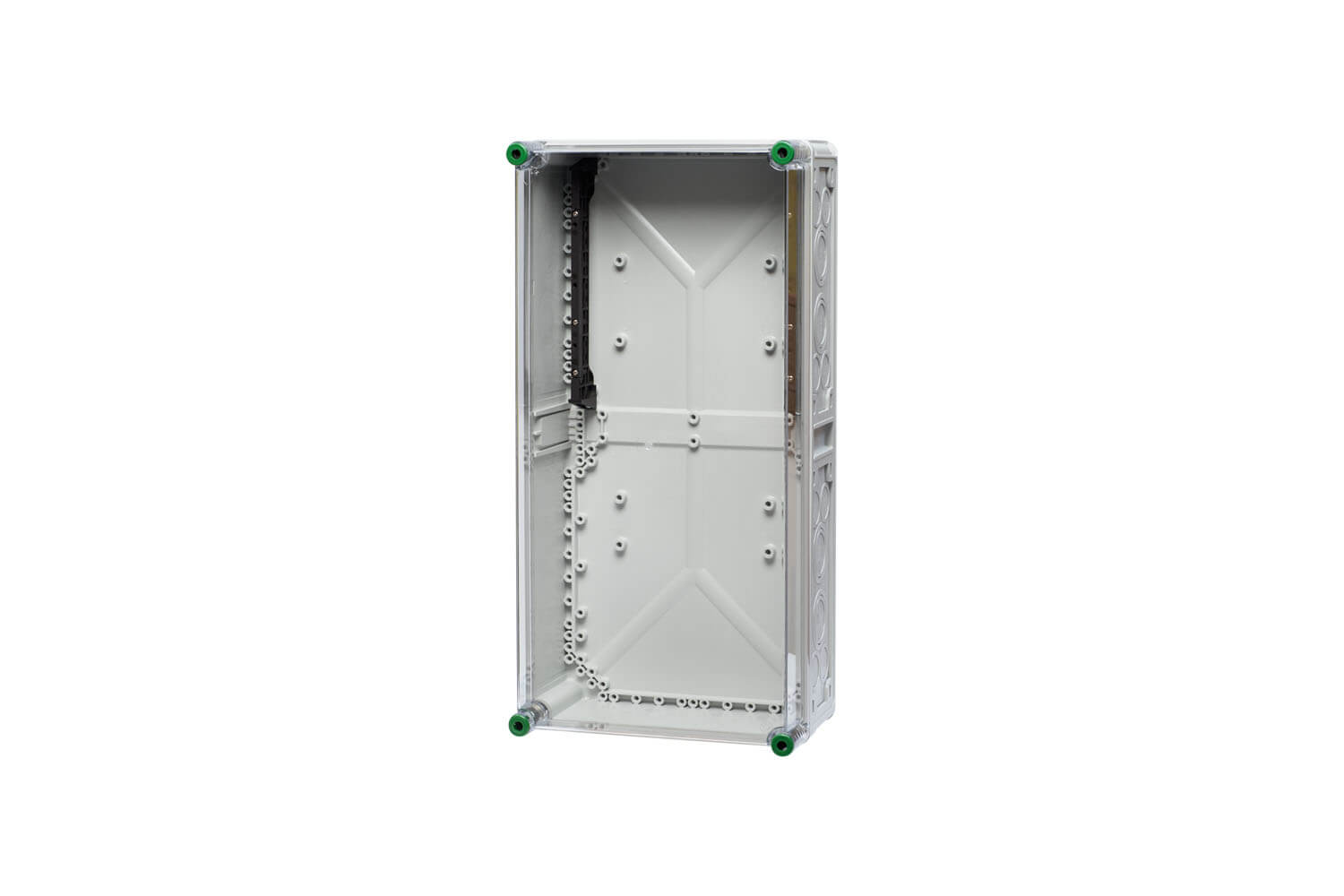 Ein Verteilergehäuse mit Sammelschienenhalter aus Polycarbonat und hinter einem transparenten Hintergrund.