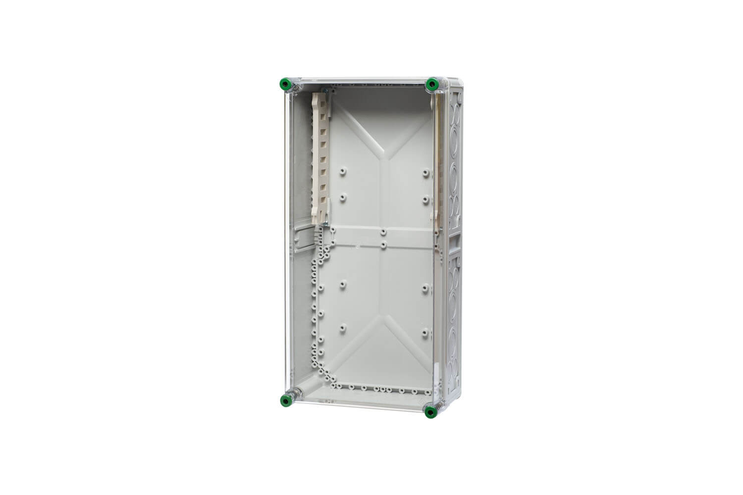 Ein Verteilergehäuse mit Sammelschienenhalter aus Polycarbonat und hinter einem transparenten Hintergrund.