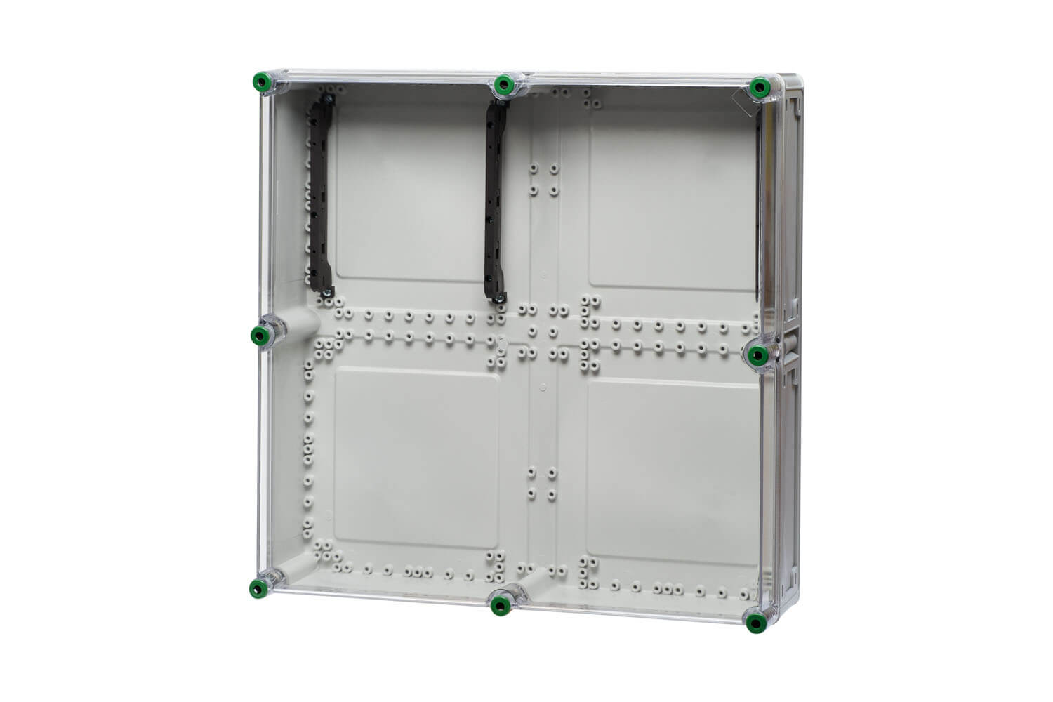 Ein Polycarbonat-Sammelschienenhalter hinter einem transparenten Hintergund.