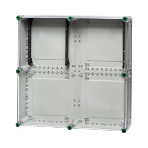 Sammelschienenhalter aus Polycarbonat, mit den Maßen 60 x 60 cm, hinter einem transparenten Hintergrund.