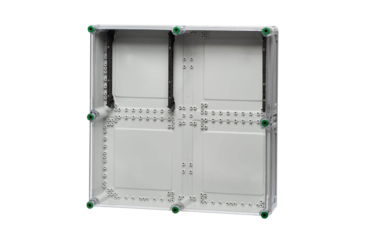 Sammelschienenhalter aus Polycarbonat, mit den Maßen 60 x 60 cm, hinter einem transparenten Hintergrund.