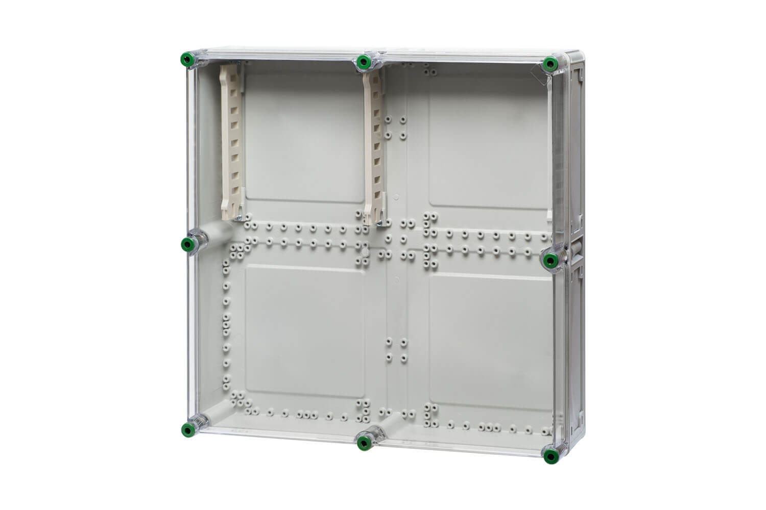 Ein Sammelschienenhalter aus Polycarbonat hinter einem transparenten Hintergrund.