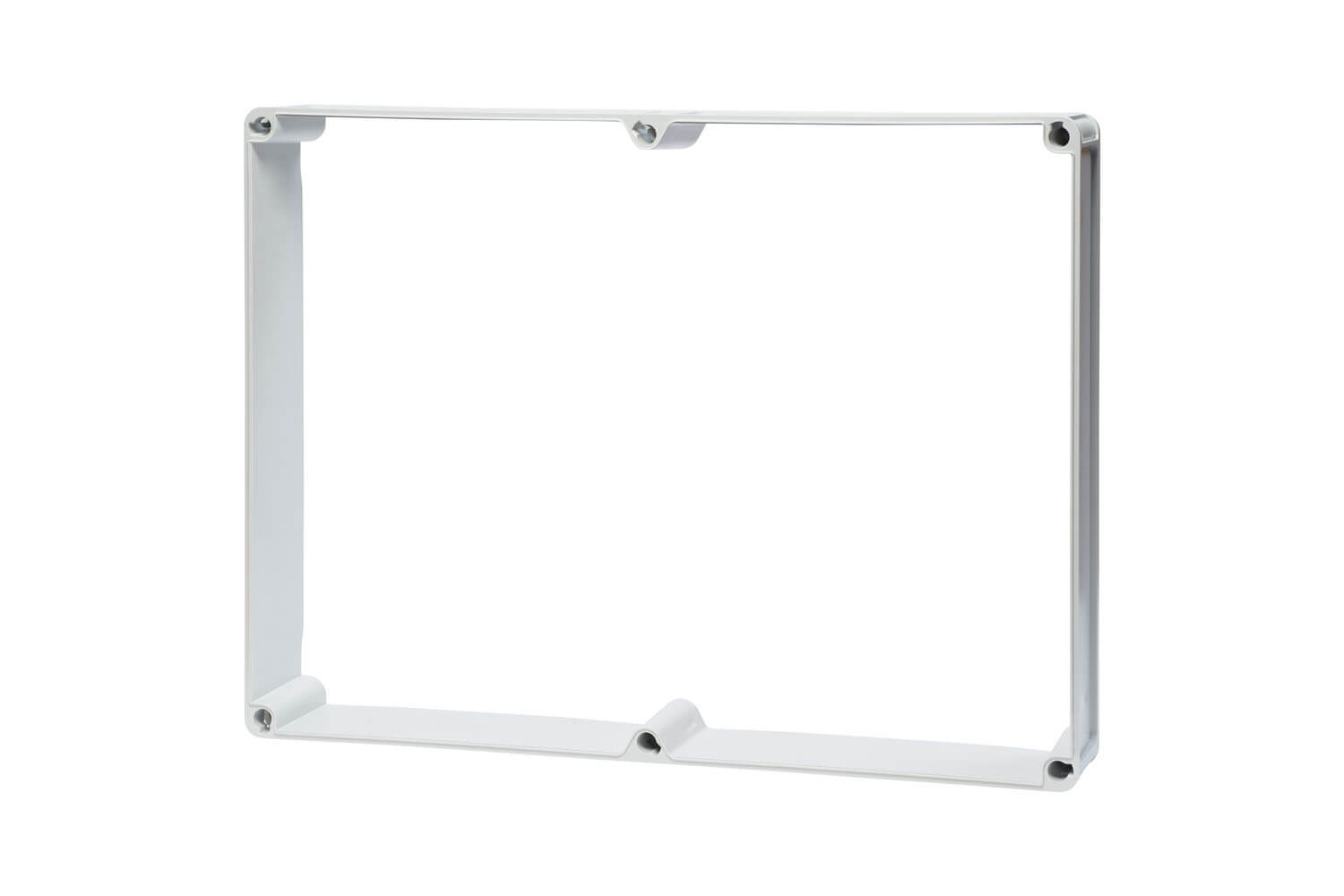 Ein Polycarbonat-Zwischenrahmen, inklusive Schnellverschlüsse, Dichtung und Schrauben, hinter einem transparenten Hintergrund.