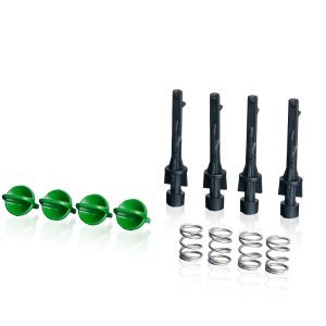 4 Handverschlussadapter mit Spiralfedern und grünen Verschlussbolzen hinter einem transparenten Hintergrund.