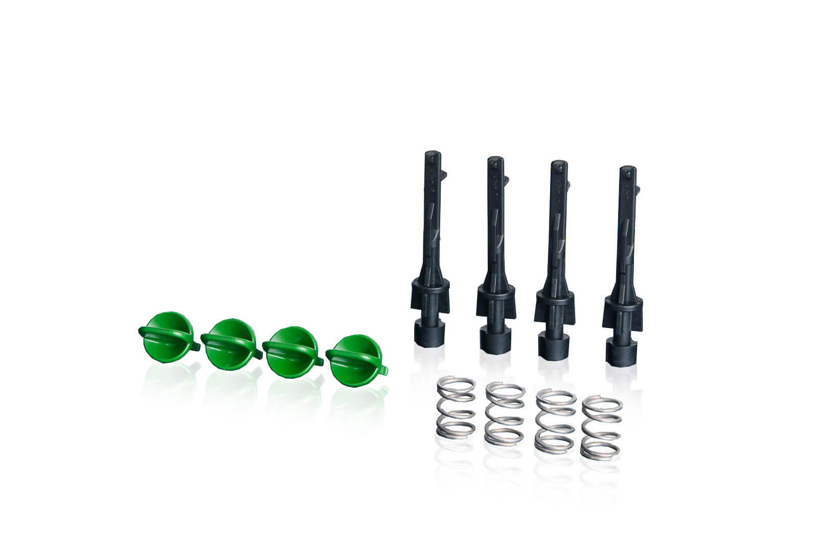 4 Handverschlussadapter mit Spiralfedern und grünen Verschlussbolzen hinter einem transparenten Hintergrund.