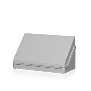 Eine Polycarbonat-Anschlussbox mit Deckel hinter einem transparenten Hintergrund