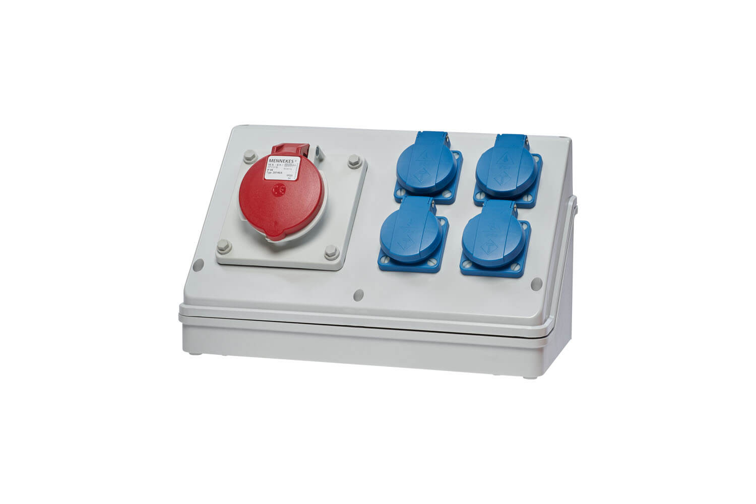 Eine Anschlussbox mit vier blauen und einem roten Stecker. Dahinter befindet sich ein transparenter Hintergrund.