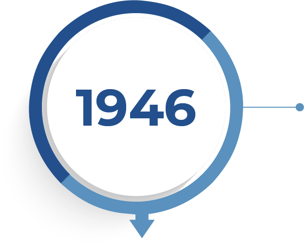 Die Jahreszahl 1946 steht in einem weißen Kreis mit blauer Umrandung.