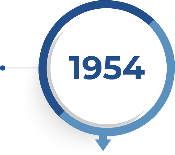 In einem blau umrandeten Kreis steht die Jahreszahl 1954.