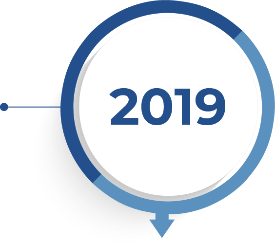Die Jahreszahl 2019 in einem weißen Kreis mit einem zweifarbigen blauen Rand.