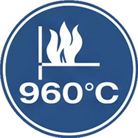 Blaues, rundes Icon mit Symbol für Feuer und 960 °C