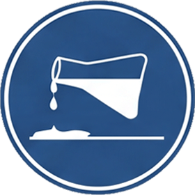 Blaues, rundes Icon mit Symbol für Erlenmeyerkolben, der eine Flüssigkeit enthält