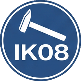Blaues, rundes Icon mit Hammer-Symbol für IK08