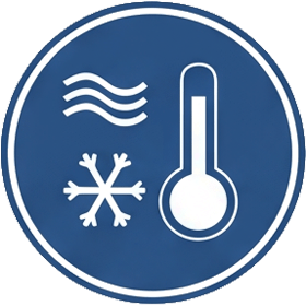 Blaues, rundes Icon mit Symbolen Wasser, Frost und Termometer