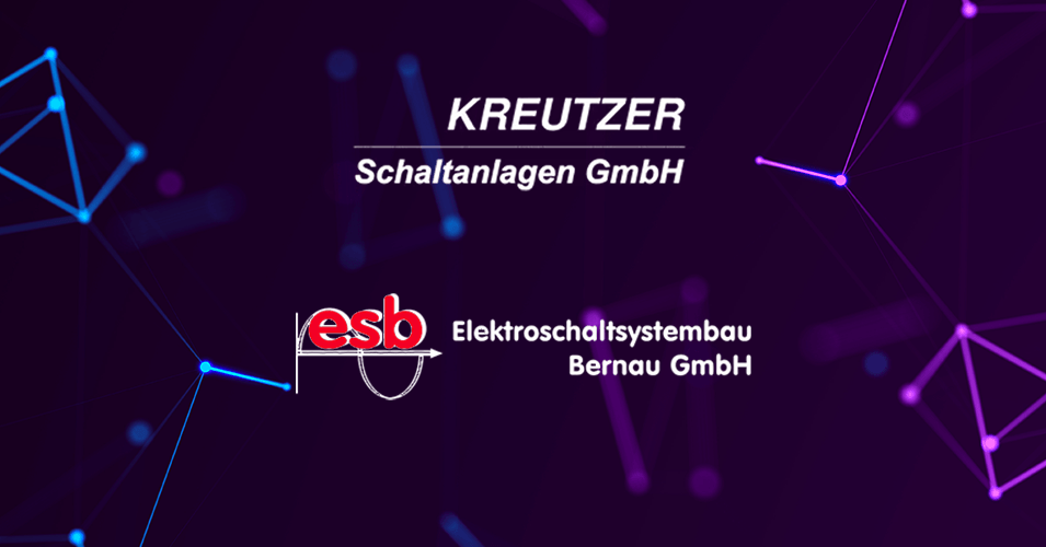 Logos von Kreutzer Schaltanlagen und ESB Elektroschaltsystembau vor einem dunklen Hintergrund mit geometrische Linien in Blau und Lila.